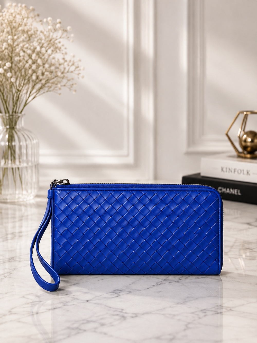 Bottega Veneta Intrecciato Blue Nappa Leather Zip Wristlet Woven Full Set COA